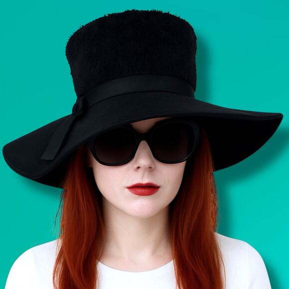 Vintage 1960's Black Wide Brim Hat Boucle Crown Mod Wool Felt Ribbon Bow Glam - Picture 2 of 11